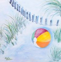 Beachy Daze SOLD beachball in the dunes on wood panel
